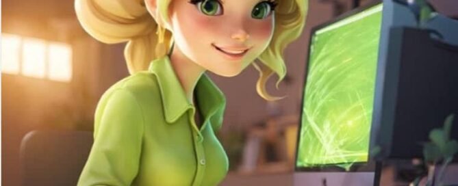 A smiling lady sitting at a desk in front of a lit computer screen.
